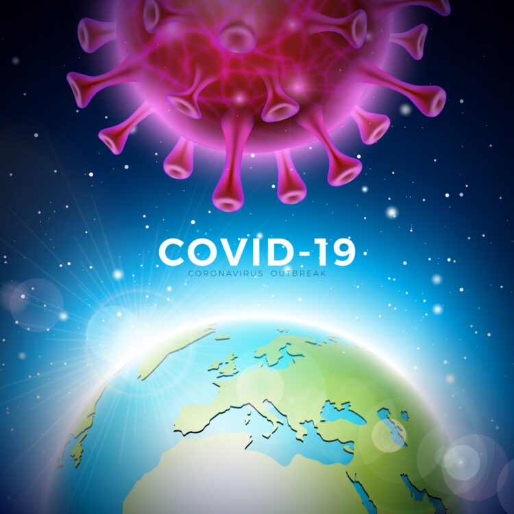 Covid-19. Coronavirus Outbreak Design with Virus Cell and Earth on Blue Background. Vector Illustration Template on Dangerous SARS Epidemic Theme for Promotional Banner or Flyer